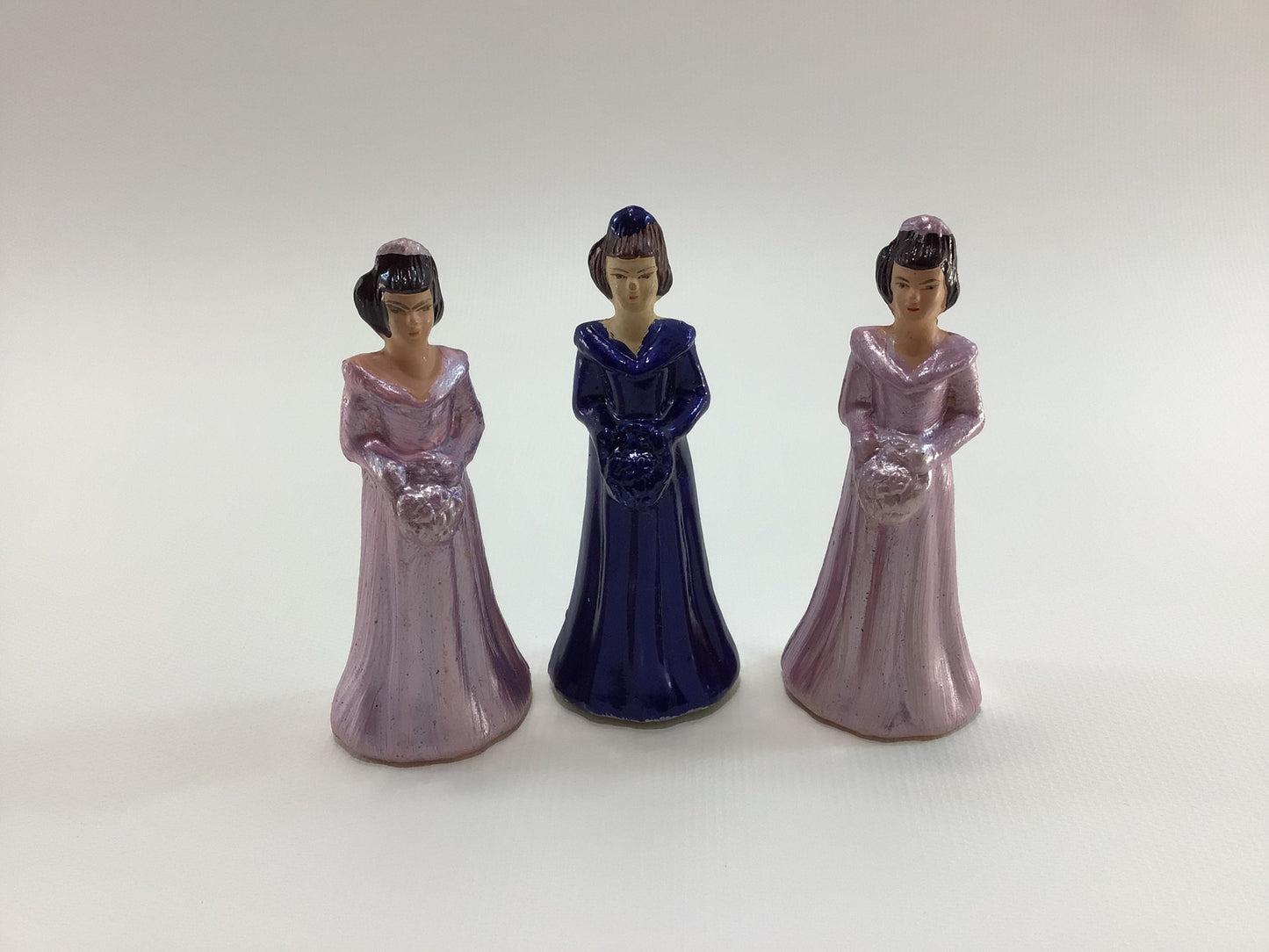 Vintage Wedding Cake Toppers 3" Plastic Bridesmaids Maid of Honor Made in Hong Kong 3 Figures Blue Pink