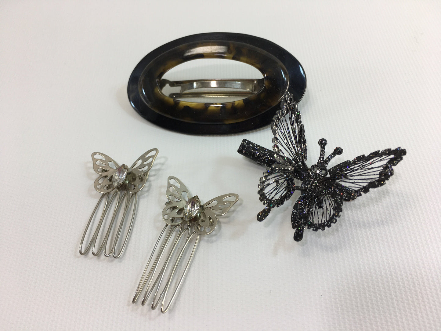 Hair Clips Glittered Black Butterfly Plastic Tortoise Shell and Rhinestone Combs