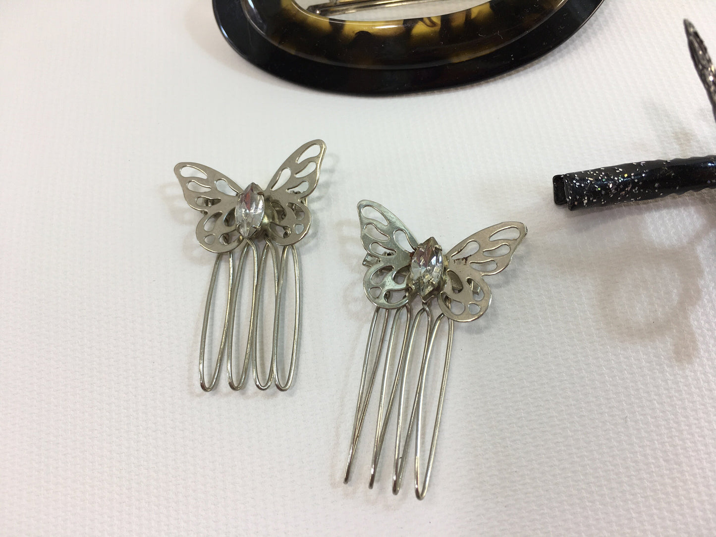 Hair Clips Glittered Black Butterfly Plastic Tortoise Shell and Rhinestone Combs