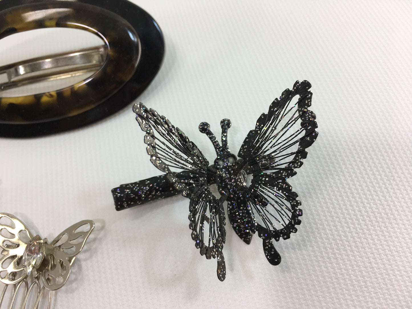 Hair Clips Glittered Black Butterfly Plastic Tortoise Shell and Rhinestone Combs