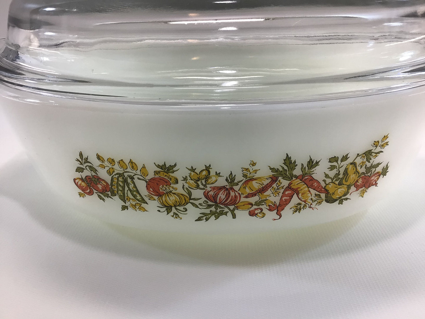Vintage Anchor Hocking 1 1/2 qt Casserole Dish Vegetable Harvest Pattern with Lid