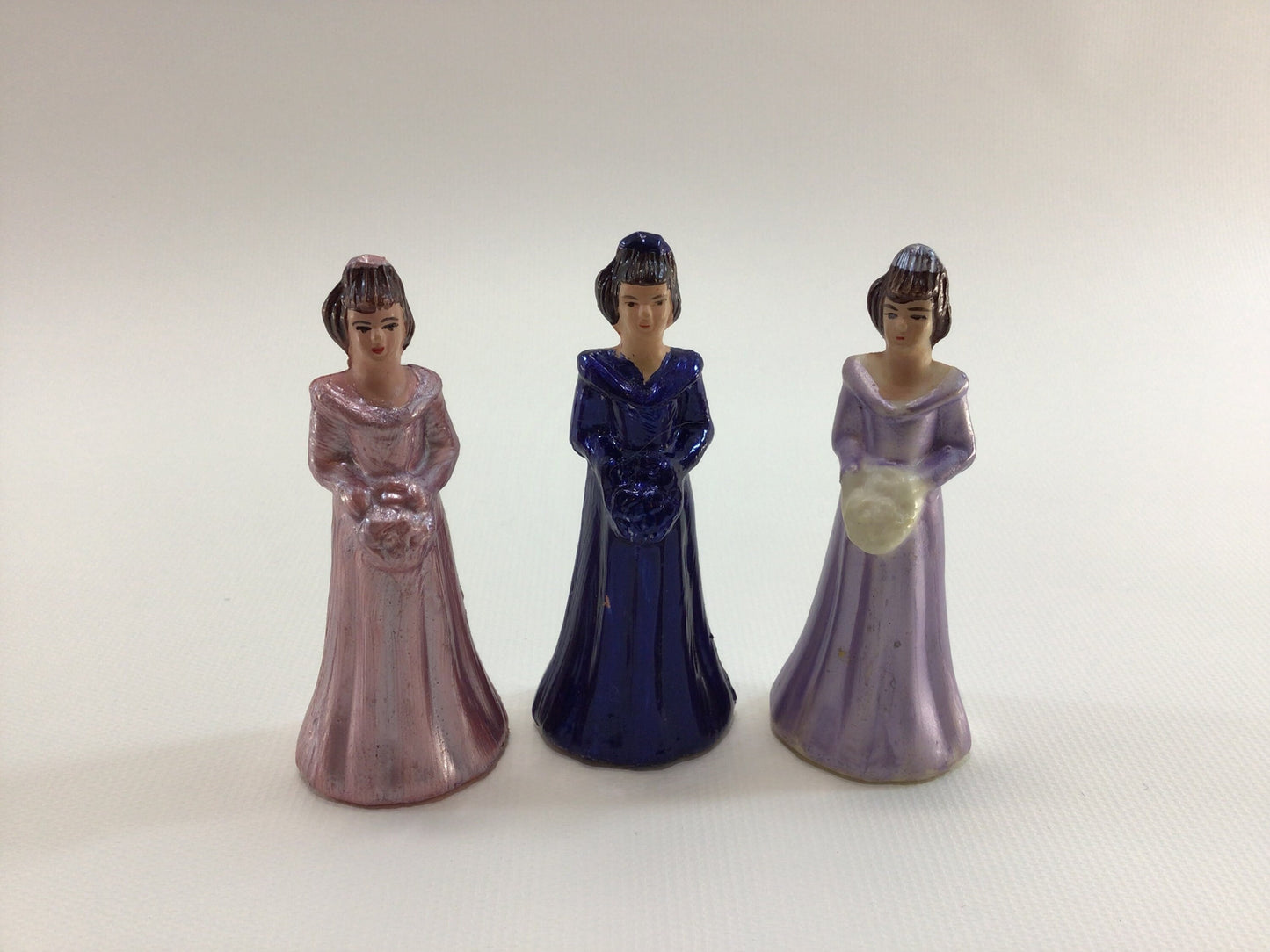 Vintage Wedding Cake Toppers 3" Plastic Bridesmaid Maid of Honor Made in Hong Kong 3 Figures Blue Pink Purple
