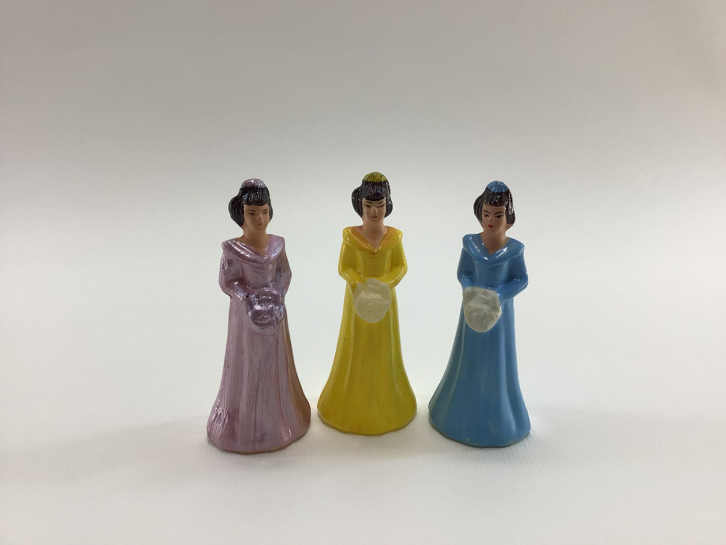 Vintage Wedding Cake Toppers 3" Plastic Bridesmaid Maid of Honor Made in Hong Kong 3 Figures Blue Pink Yellow