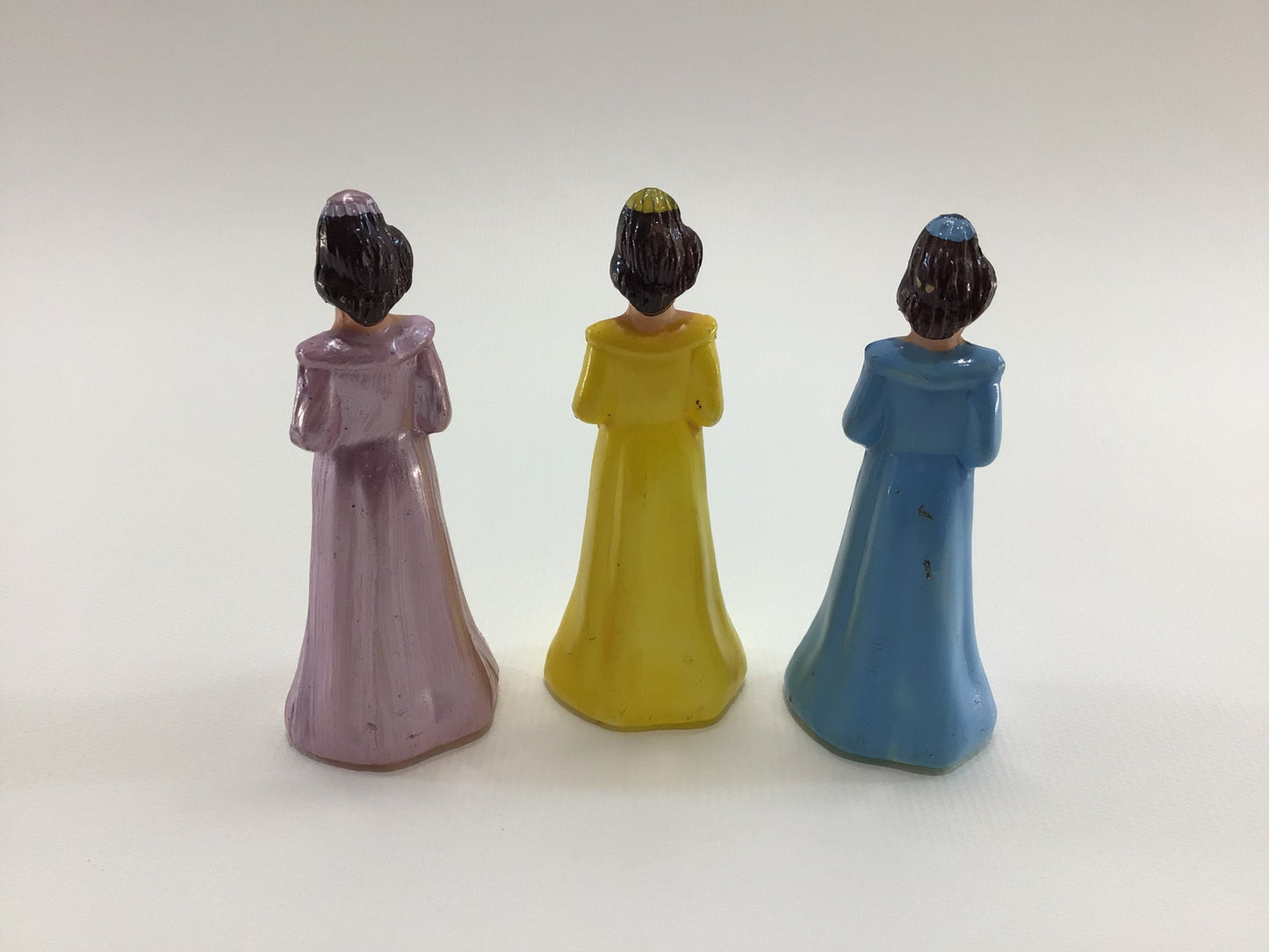 Vintage Wedding Cake Toppers 3" Plastic Bridesmaid Maid of Honor Made in Hong Kong 3 Figures Blue Pink Yellow