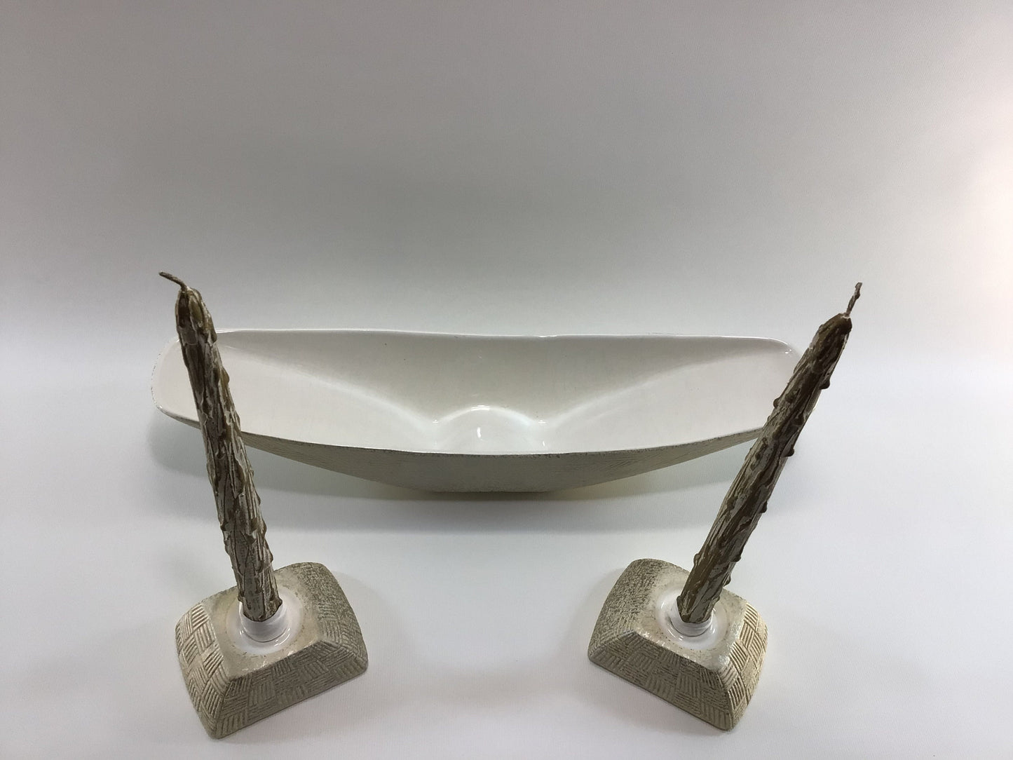 Shawnee Pottery Gold Basket Weave Console Dish and Candlestick Holders 1419 Mid Century Holiday Home Decor