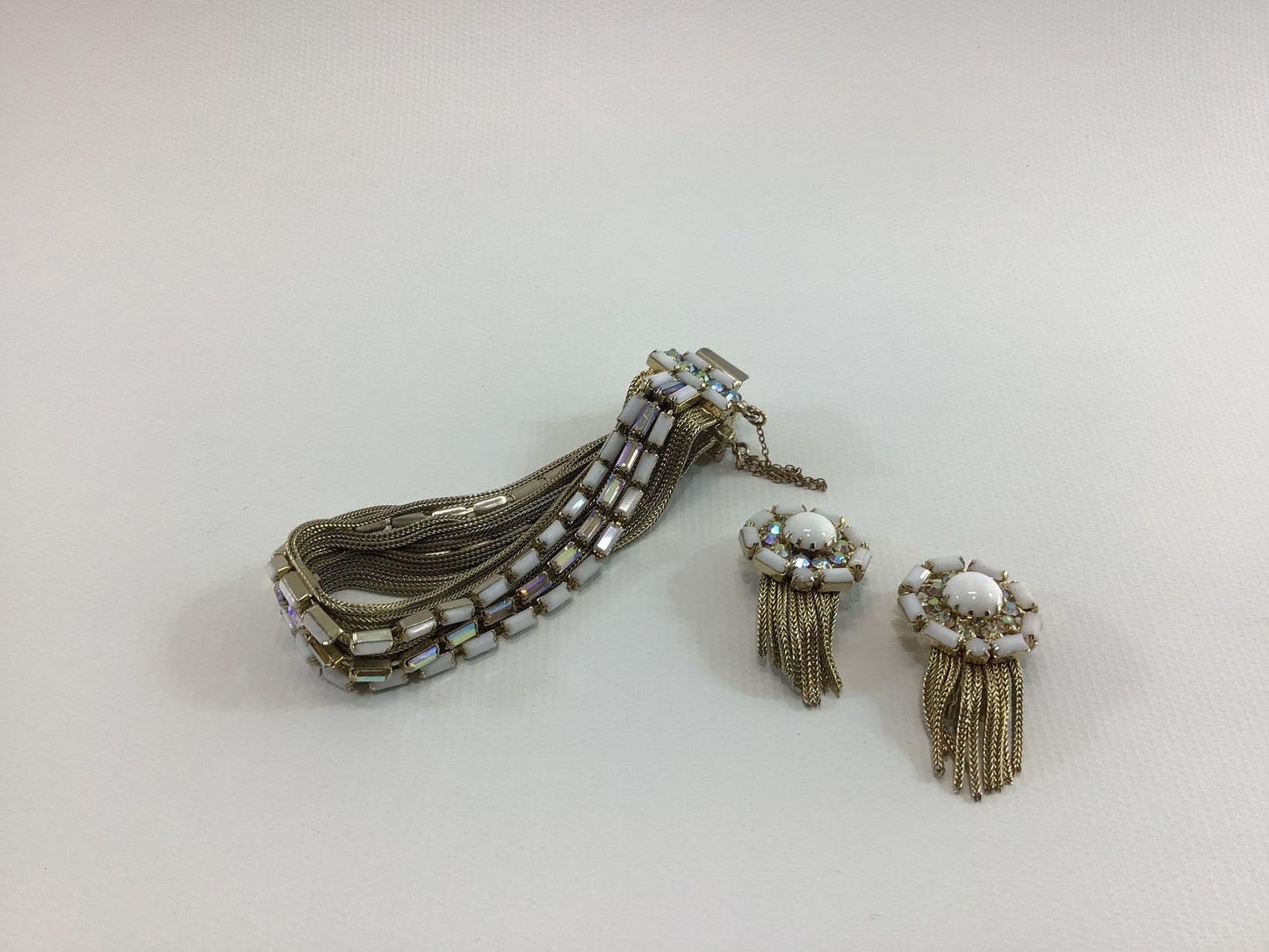 HOBE Demi Parure Multi Strand Bracelet and Clip Earrings Gold Tone with AB and White Rhinestones