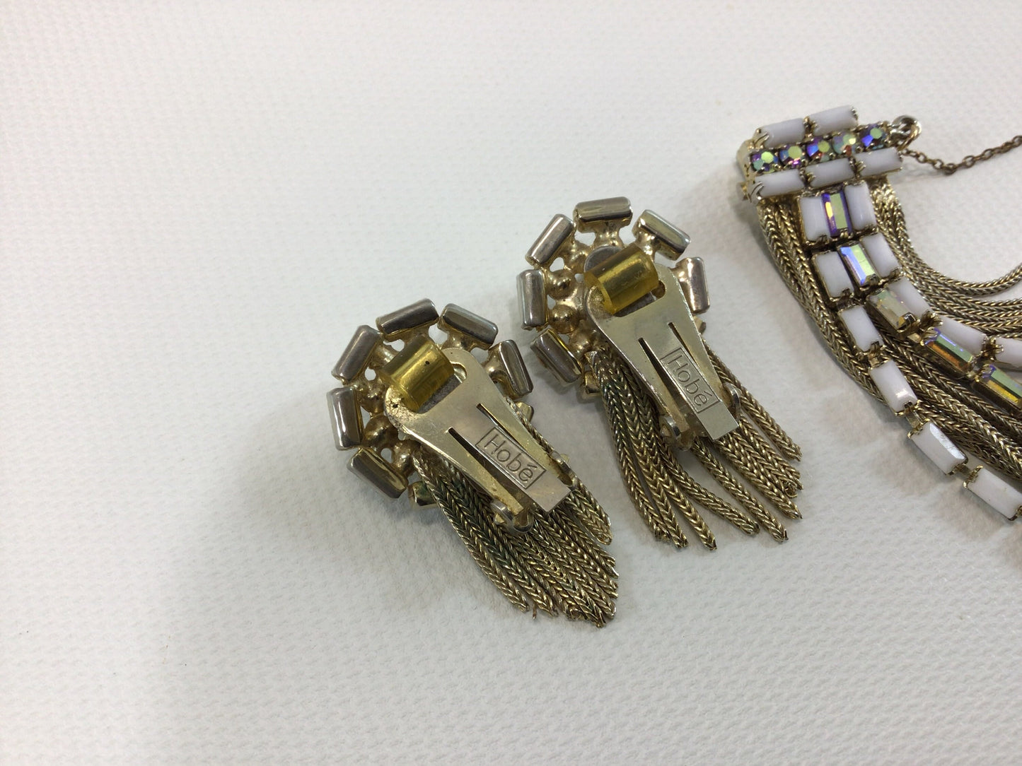 HOBE Demi Parure Multi Strand Bracelet and Clip Earrings Gold Tone with AB and White Rhinestones