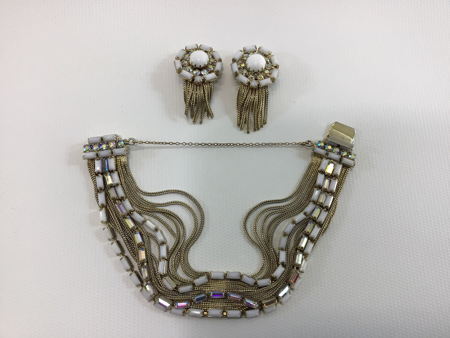 HOBE Demi Parure Multi Strand Bracelet and Clip Earrings Gold Tone with AB and White Rhinestones