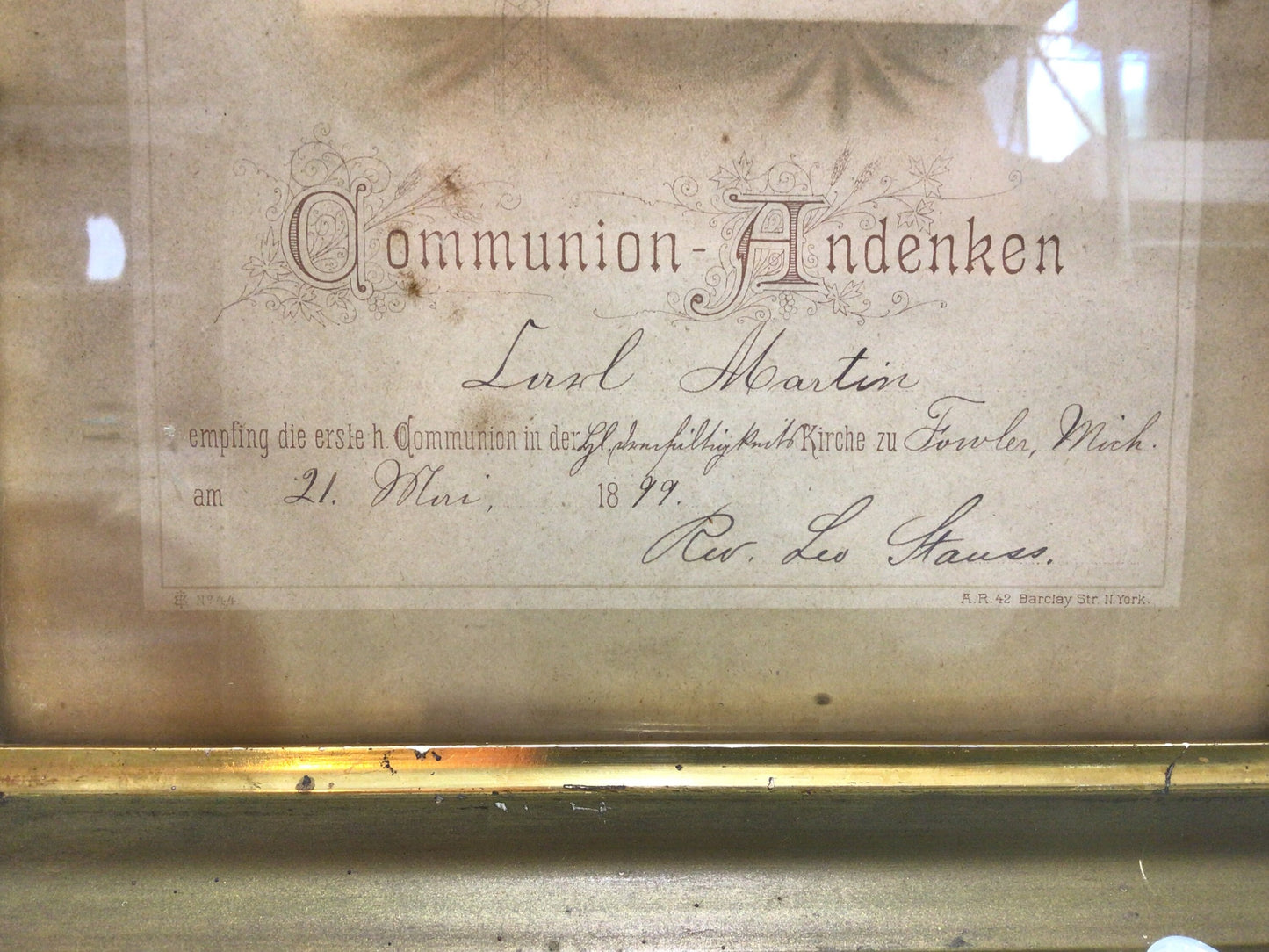 Framed 1899 First Communion Certificate 8" x 10" Antique Religious Home Wall Decor