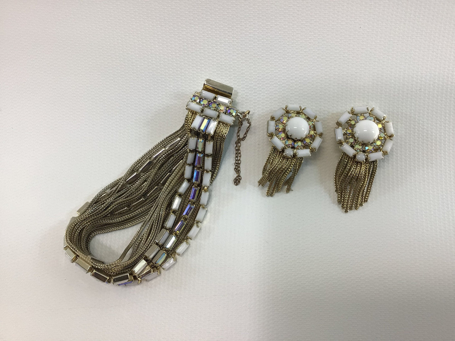 HOBE Demi Parure Multi Strand Bracelet and Clip Earrings Gold Tone with AB and White Rhinestones