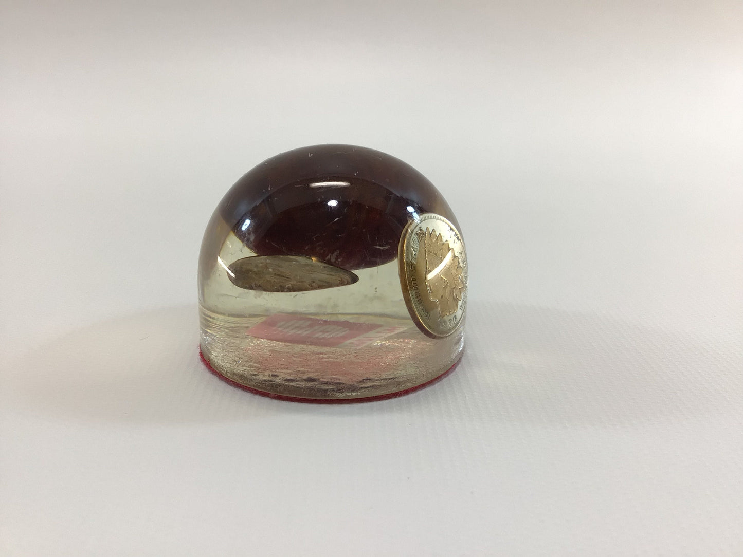 Vintage Souvenir Acrylic Mini Paperweight Flint Buckeye and Indian Head Penny Advertising Speedway Gas Lodi Ohio