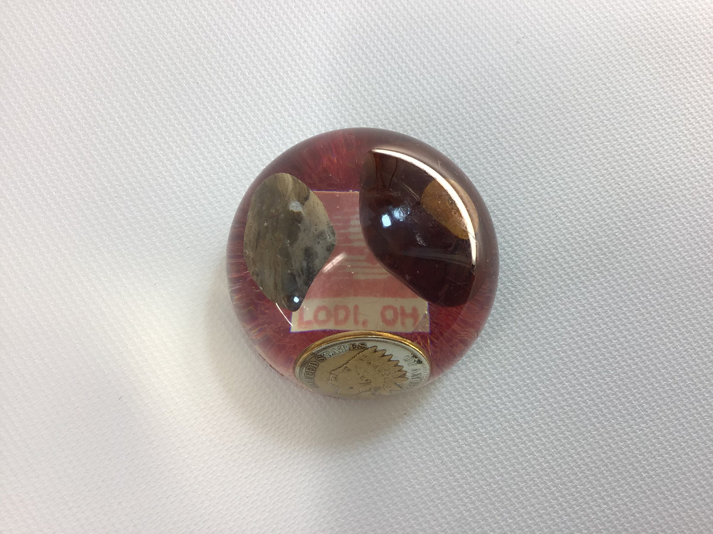 Vintage Souvenir Acrylic Mini Paperweight Flint Buckeye and Indian Head Penny Advertising Speedway Gas Lodi Ohio