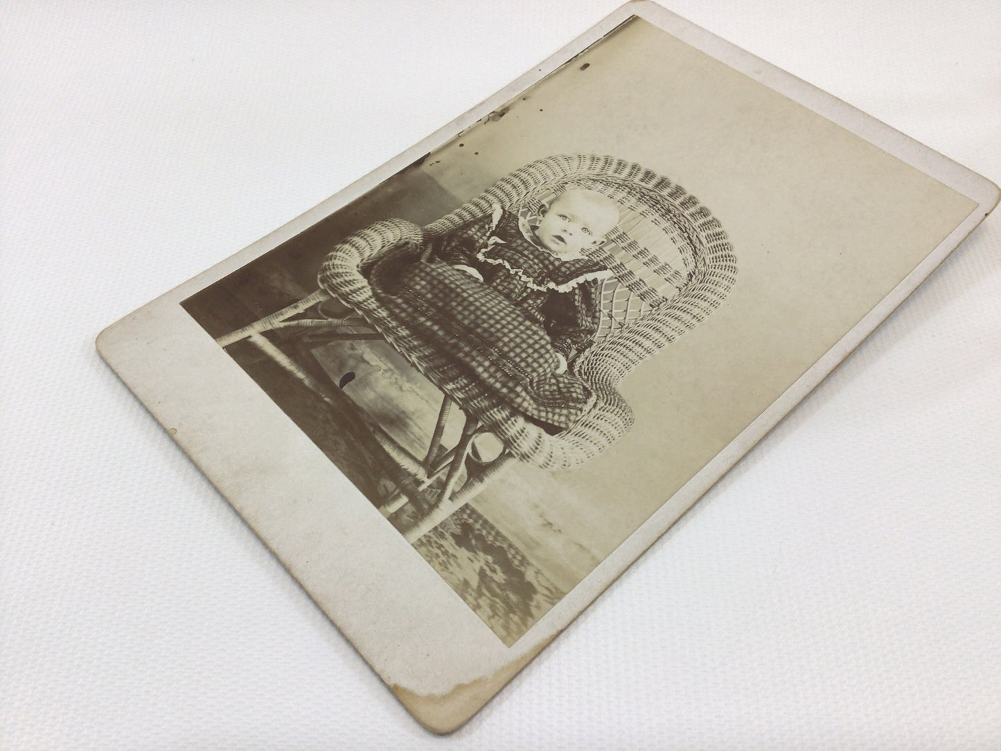 Victorian era Cabinet Card Photo Baby in Wicker Rattan Chair
