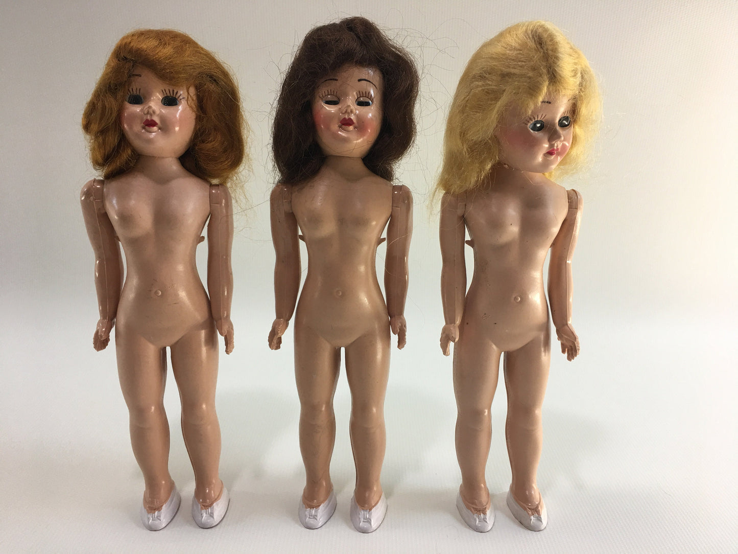 Vintage Doll 1950's Lingerie Lou Dolls Set of Three Blond Red Brunette Brown Mohair Hair Sleepy Eyes Black Painted Shoes Movable Head Arms
