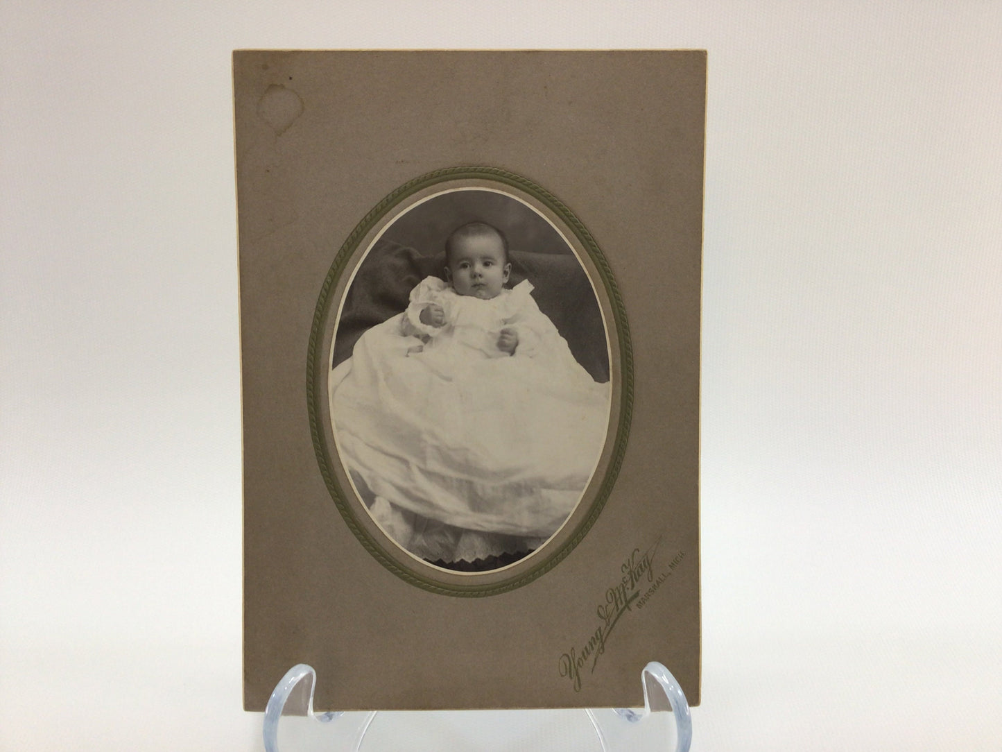 Victorian era Cabinet Card Portrait Photograph Baby in Gown Marshall Michigan