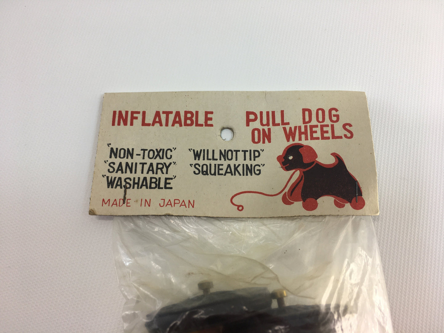 Vintage Pull Dog Toy Inflatable Plastic Red Yellow Toddler Pretend Companion Squeaking Floppy Ears Black Wheels Washable Original Package