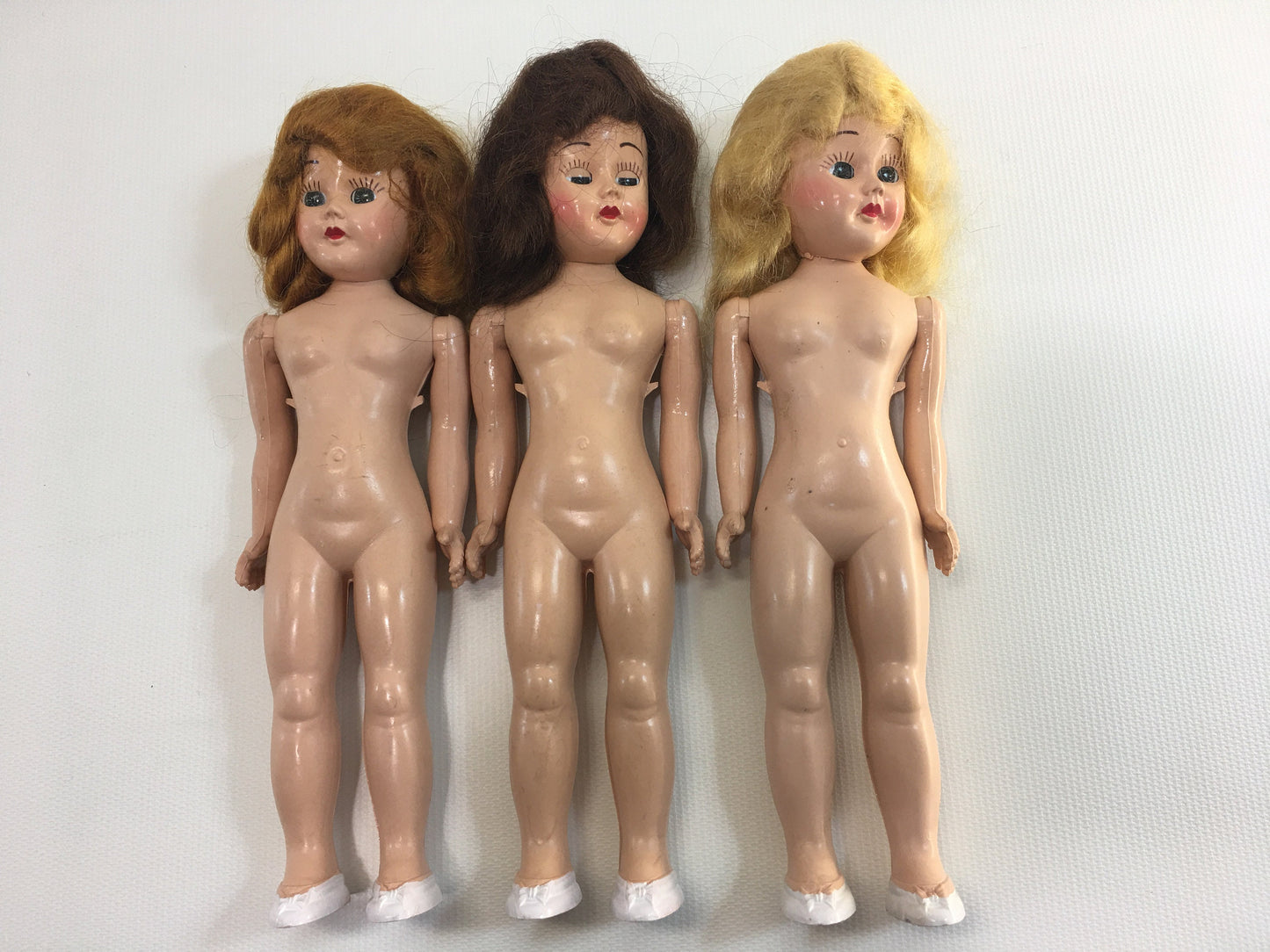Vintage Doll 1950's Lingerie Lou Dolls Set of Three Blond Red Brunette Brown Mohair Hair Sleepy Eyes Black Painted Shoes Movable Head Arms