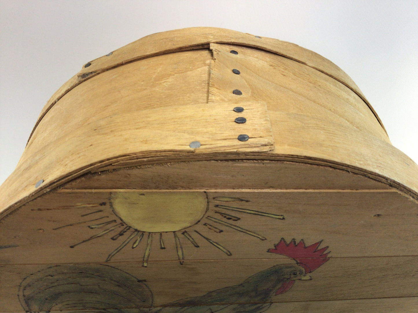 Wooden Cheese Box Sewing Basket Vintage Country Kitchen Farmhouse Decor Pyrography Rooster