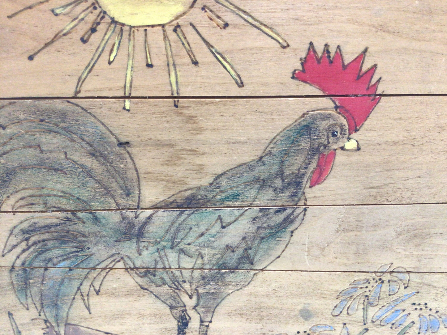 Wooden Cheese Box Sewing Basket Vintage Country Kitchen Farmhouse Decor Pyrography Rooster