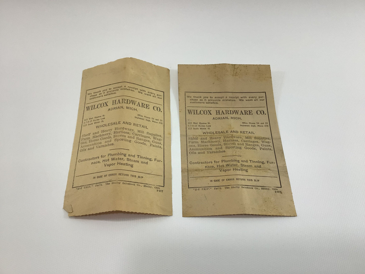 1920s Hardware Store Receipts Vintage Adrian Michigan Ephemera Wilcox Hardware Co