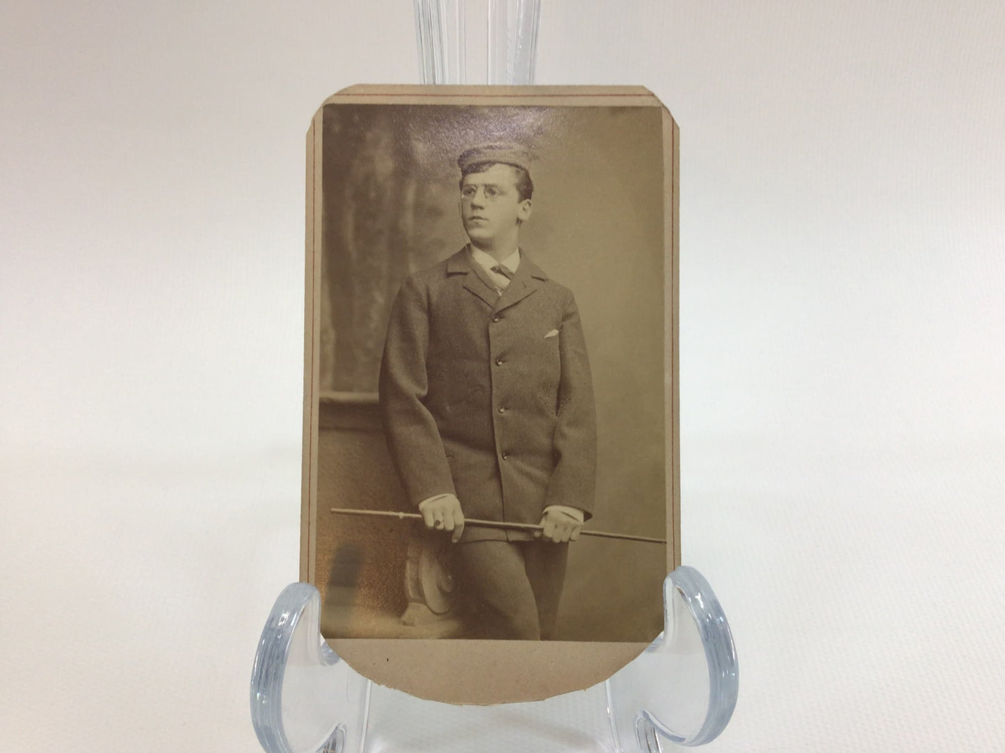 Antique CDV Cabinet Card Photograph Young Man with Cane Victorian Gerhardt Family Album 2.5" x 4" Photo