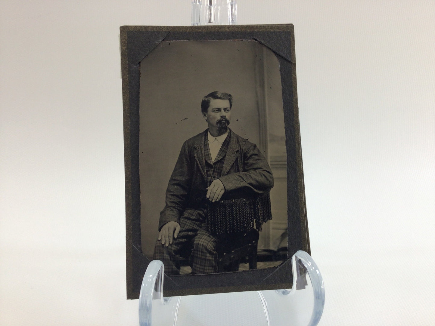Antique Tintype Photograph Bearded Man Posed Sitting 2.5" x 4.25" Photo in Cardstock Frame