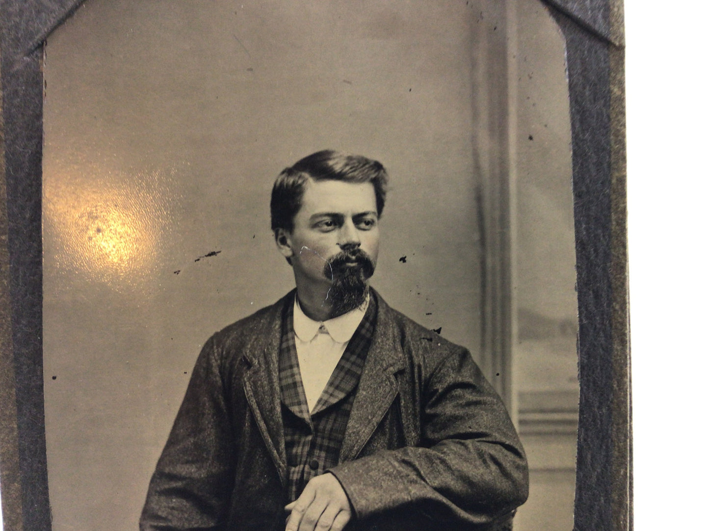 Antique Tintype Photograph Bearded Man Posed Sitting 2.5" x 4.25" Photo in Cardstock Frame