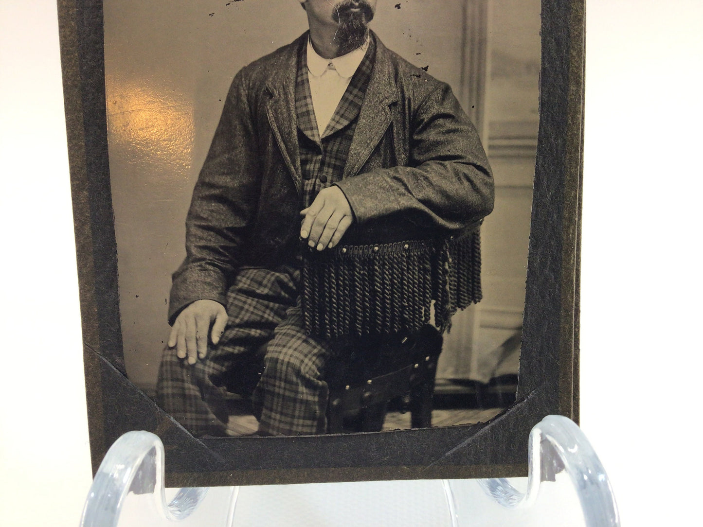 Antique Tintype Photograph Bearded Man Posed Sitting 2.5" x 4.25" Photo in Cardstock Frame