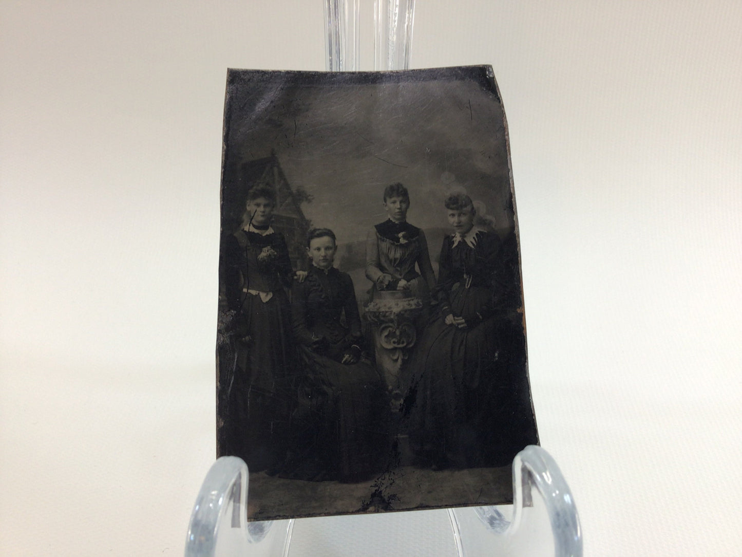Antique Tintype Photograph Four Young Ladies 2.5" x 3.5" Studio Photo
