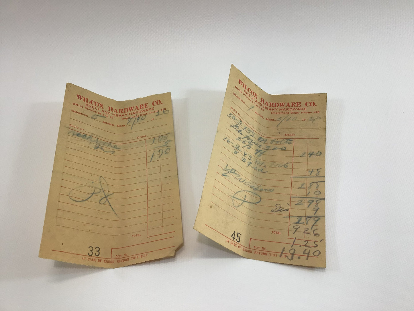 1920s Hardware Store Receipts Vintage Adrian Michigan Ephemera Wilcox Hardware Co