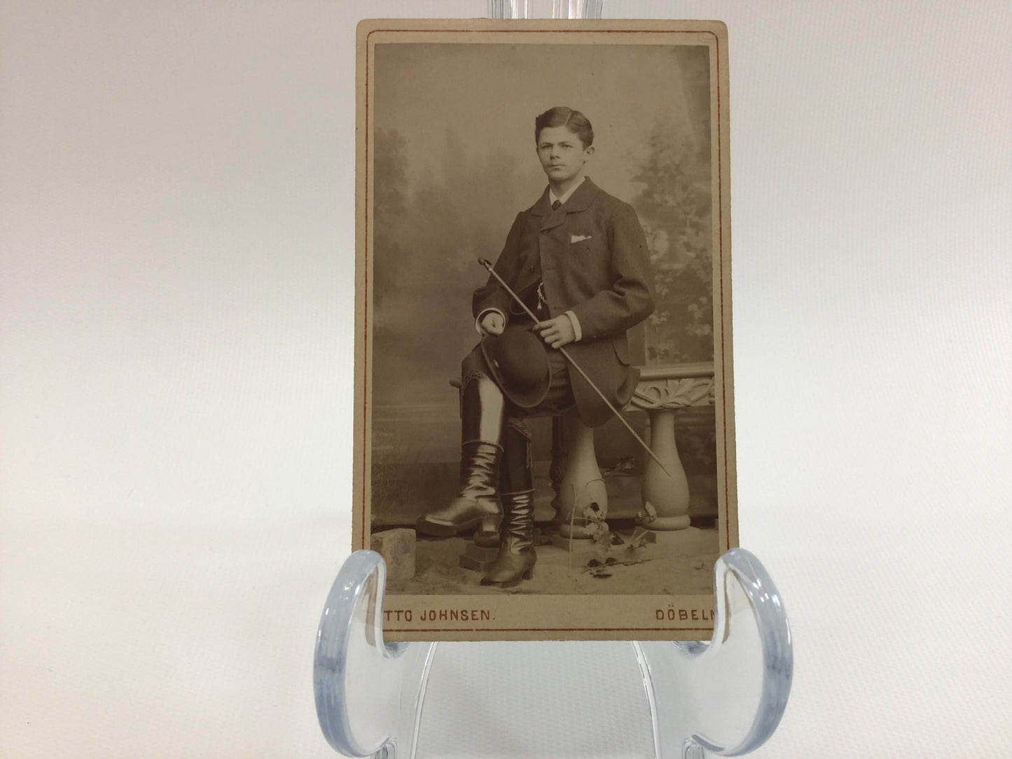 Antique CDV Cabinet Card Photograph Young Man with Bowler Hat and Cane Victorian Gerhardt Family Album 2.5" x 4" Photo