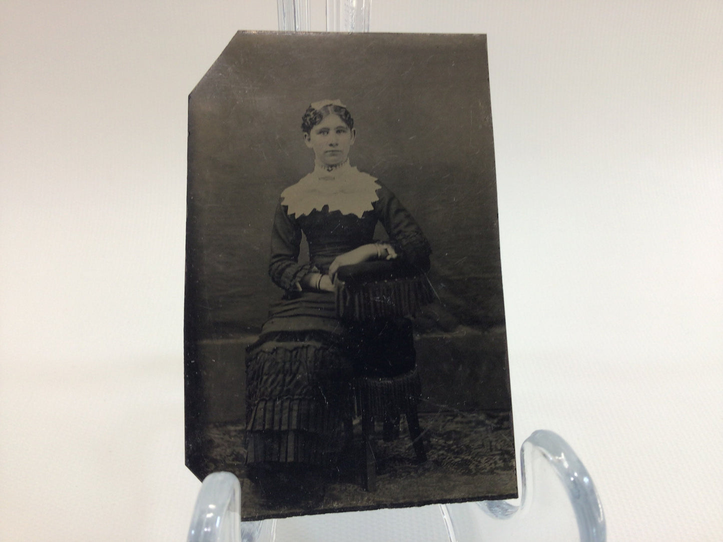 Antique Tintype Photograph Young Lady with Hair Bow and Broad Collar 2.25" x 3.5" Studio Photo