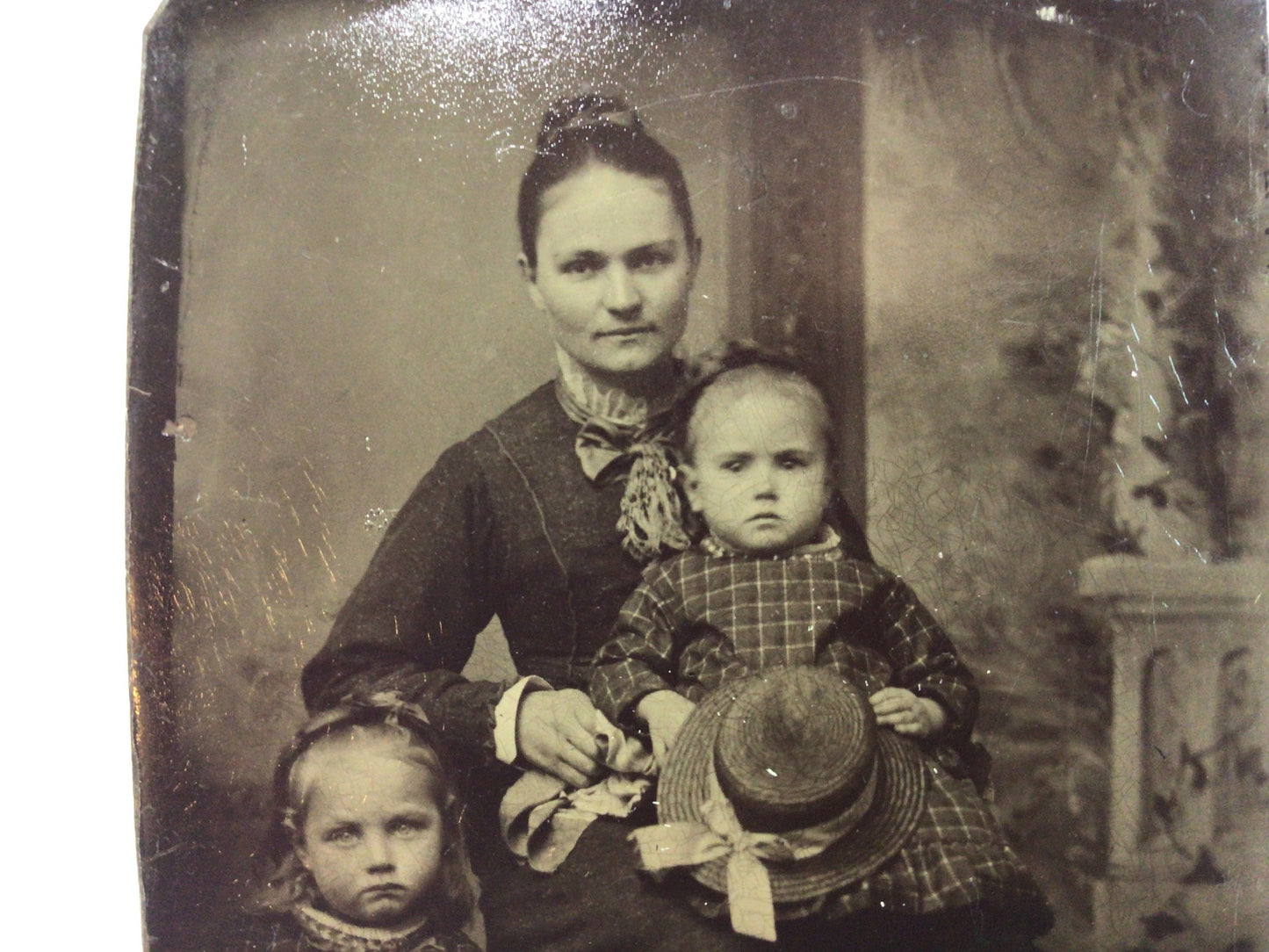 Antique Tintype Photograph Mother with Children 2.25" x 3.5" Studio Photo