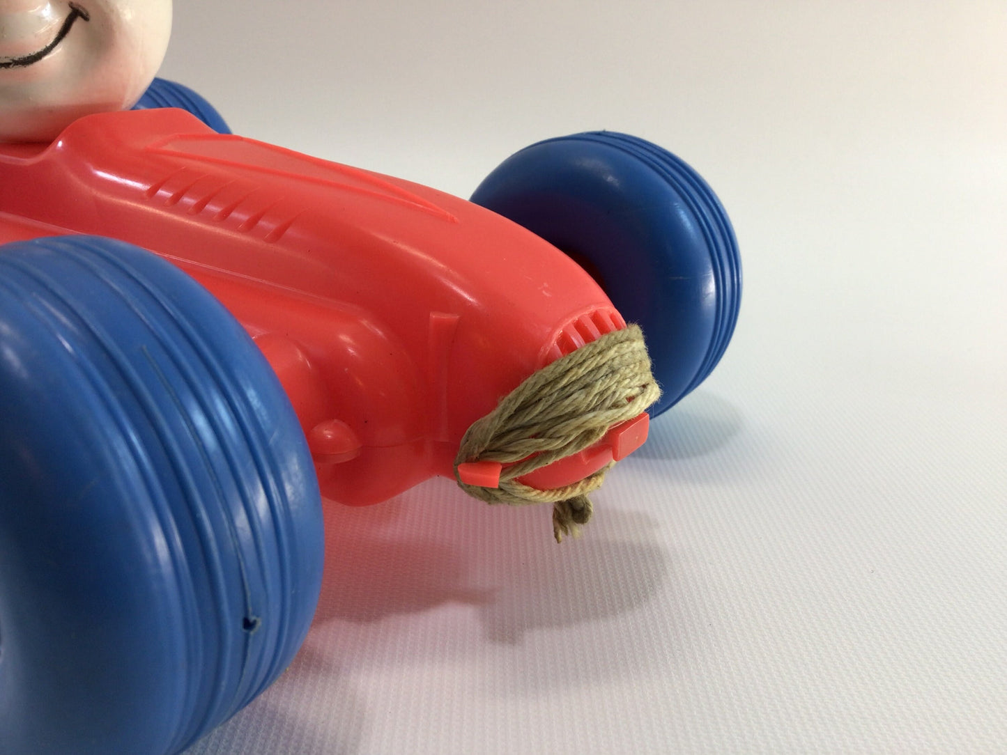 Blow Mold Pull Toy Race Car Hard Plastic No 7 Circus Clown Driver Red Orange with Blue Balloon Tires Boattail Era Style 10" Racer Vintage Dime Store