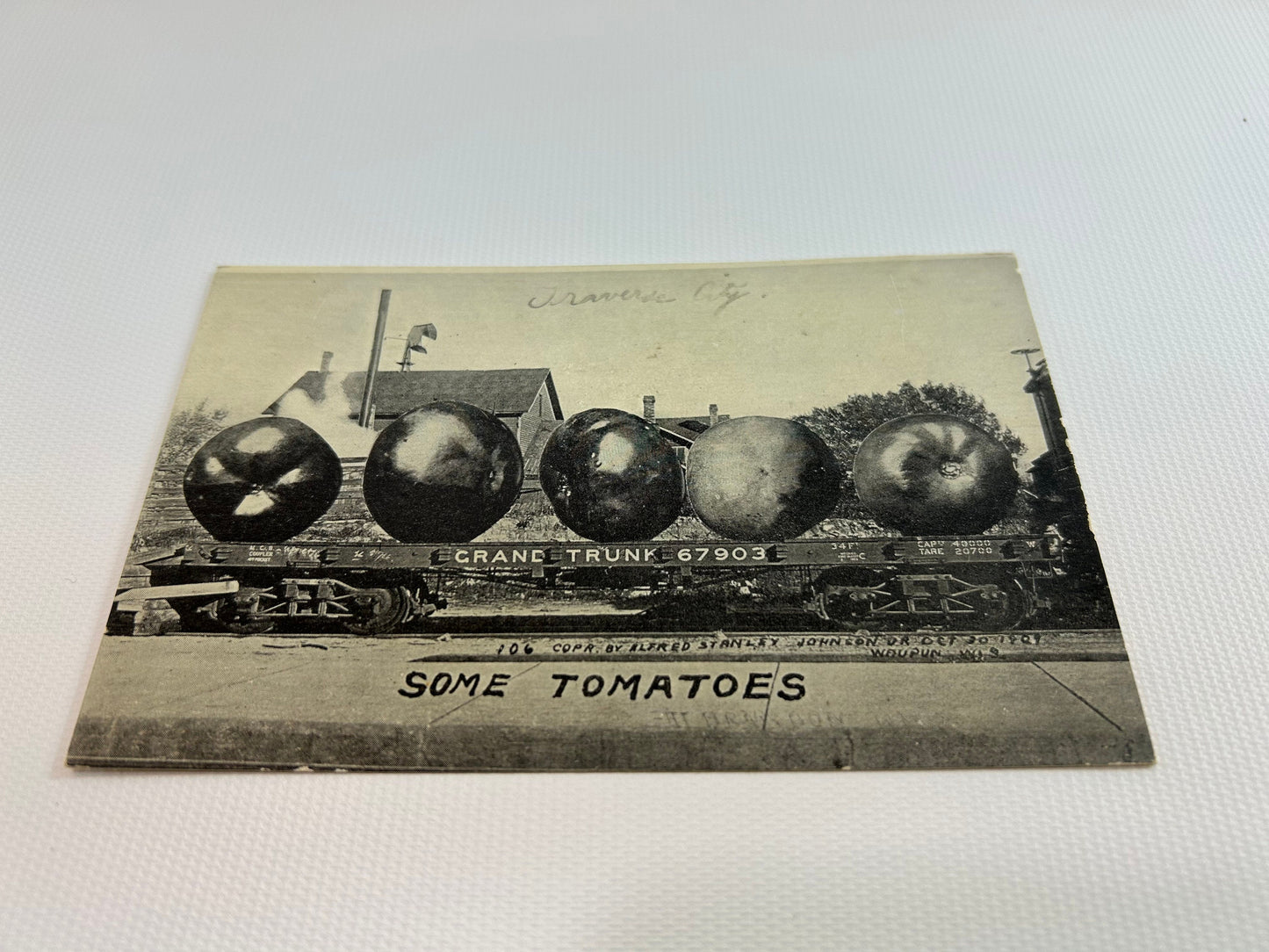 RPPC Exaggerated Tall Tale Post Card Black White Real Photo Exaggeration Tomatoes Grand Trunk Railroad Traverse City Michigan Series 102