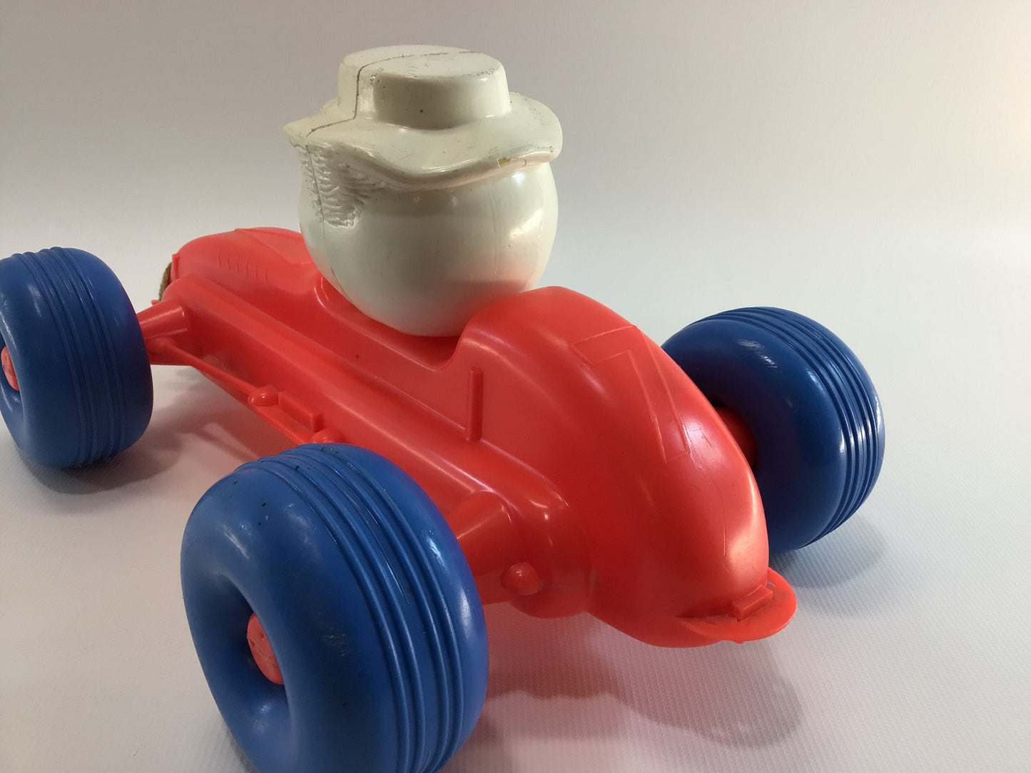 Blow Mold Pull Toy Race Car Hard Plastic No 7 Circus Clown Driver Red Orange with Blue Balloon Tires Boattail Era Style 10" Racer Vintage Dime Store