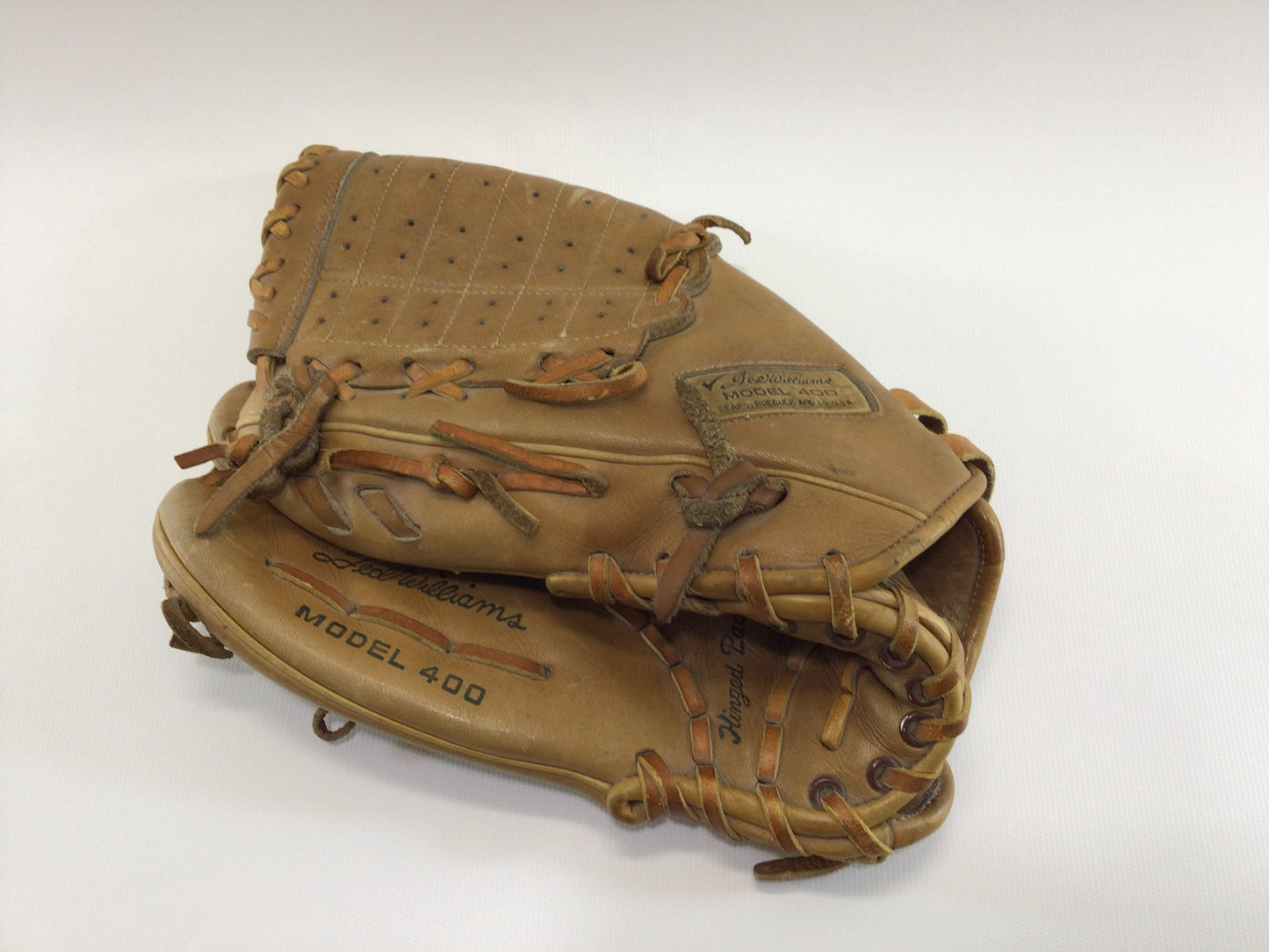 Sears Roebuck Ted Williams Model 400 12" Leather Baseball Glove 16199 Hinged Pad Made in Japan Left Hander