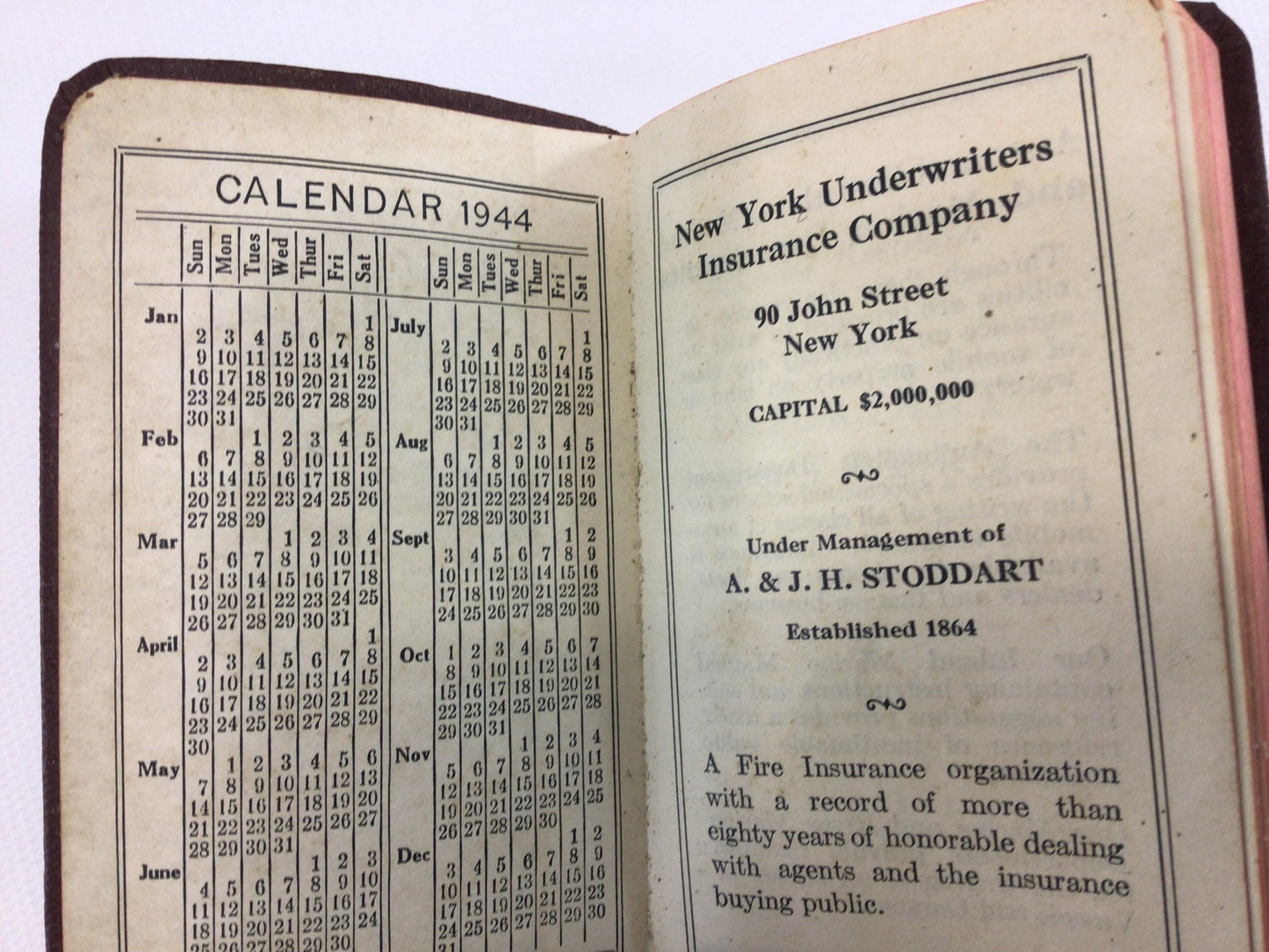 Underwriter's Pocket Calendar Address Book New York Underwriters Insurance Company 1944 Red Embossed Cover