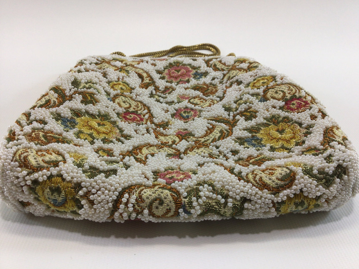Vintage Beaded Evening Bag Purse Mid Century Made in Hong Kong Shoulder Length Chain Strap White and Gold Floral Motif Tapestry Kiss Lock