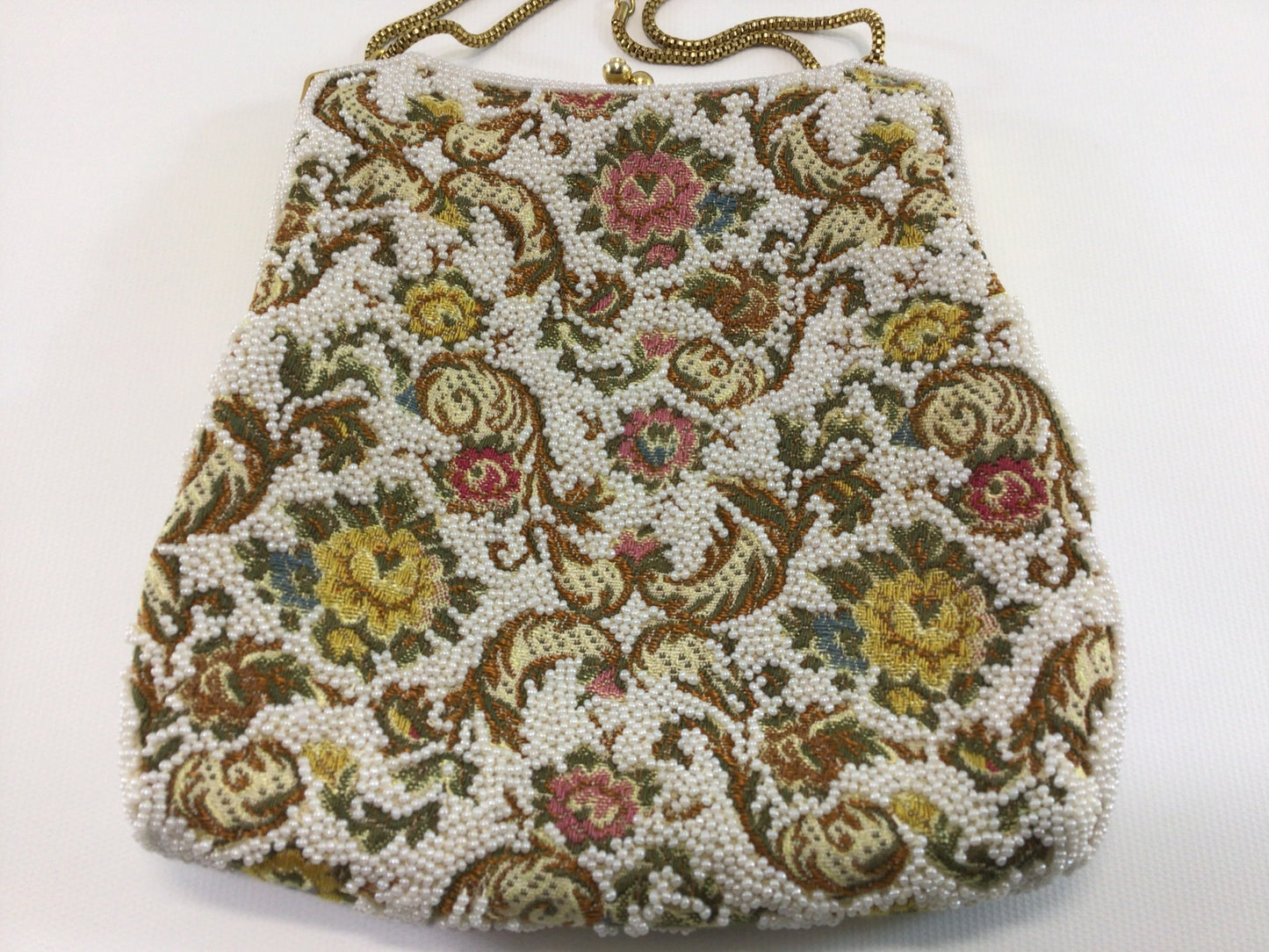 Vintage Beaded Evening Bag Purse Mid Century Made in Hong Kong Shoulder Length Chain Strap White and Gold Floral Motif Tapestry Kiss Lock
