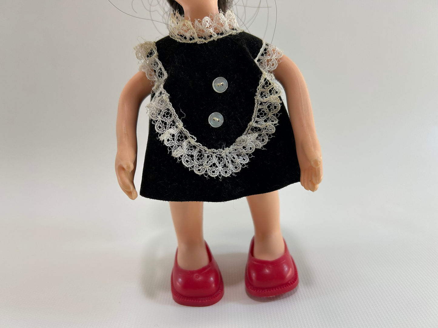Vintage Doll 1967 Uneeda Doll Co. Inc. Little Sophisticates Kristina Long Brown Hair Black Velevetine Dress Red Shoes 8 1/2" Tall