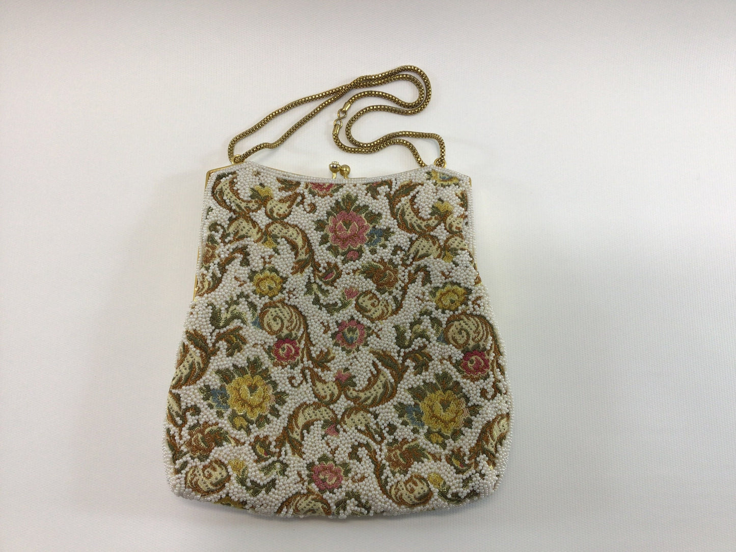 Vintage Beaded Evening Bag Purse Mid Century Made in Hong Kong Shoulder Length Chain Strap White and Gold Floral Motif Tapestry Kiss Lock