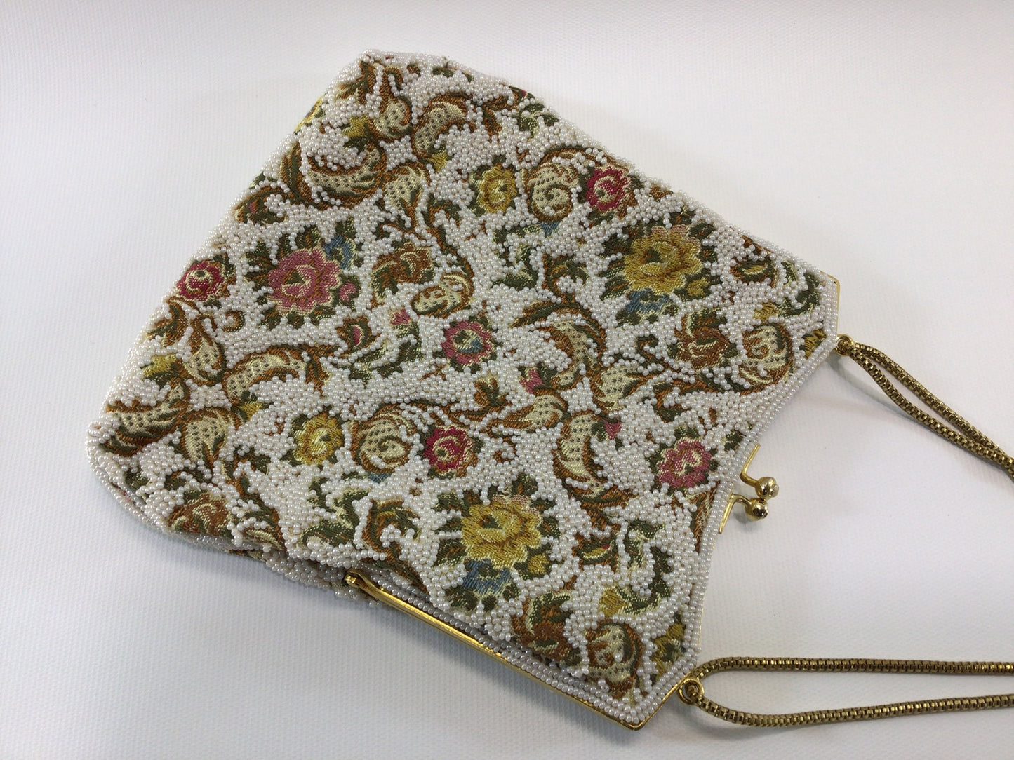 Vintage Beaded Evening Bag Purse Mid Century Made in Hong Kong Shoulder Length Chain Strap White and Gold Floral Motif Tapestry Kiss Lock