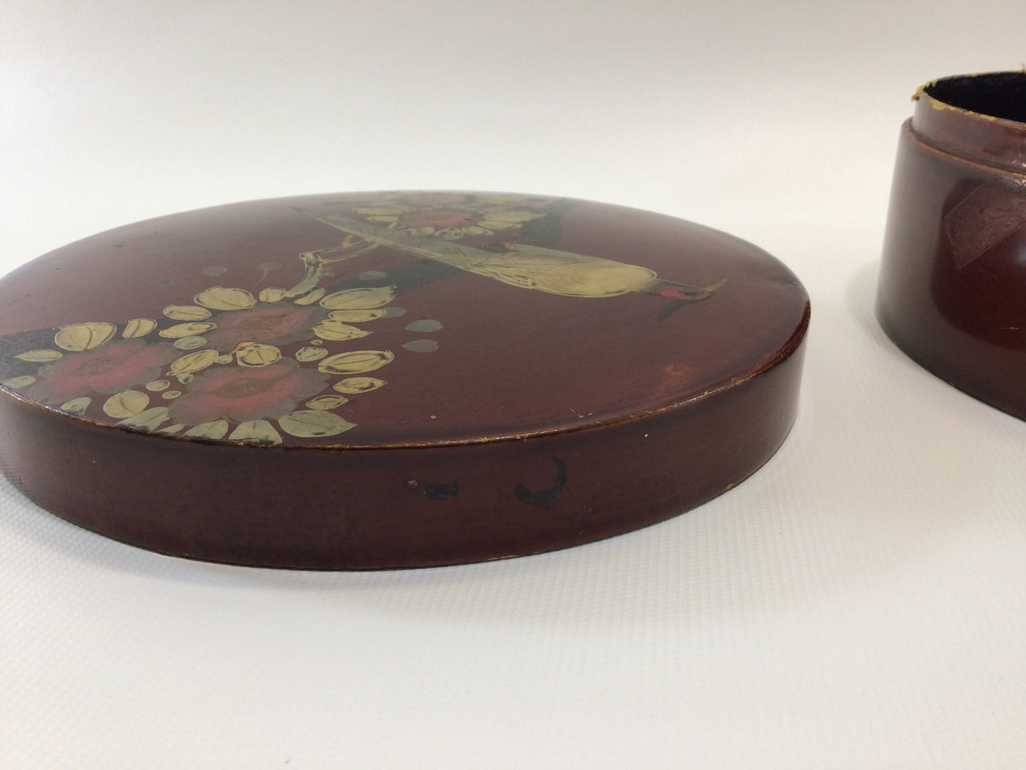 Vintage Red Lacquered Paper Round Storage Container Trinket Box Japanese Gold Floral Design