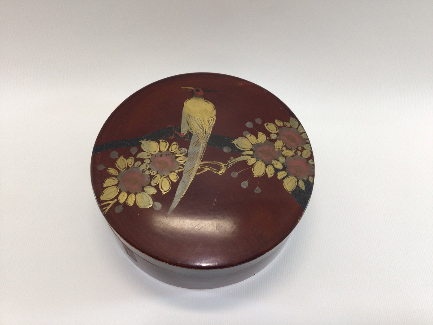 Vintage Red Lacquered Paper Round Storage Container Trinket Box Japanese Gold Floral Design