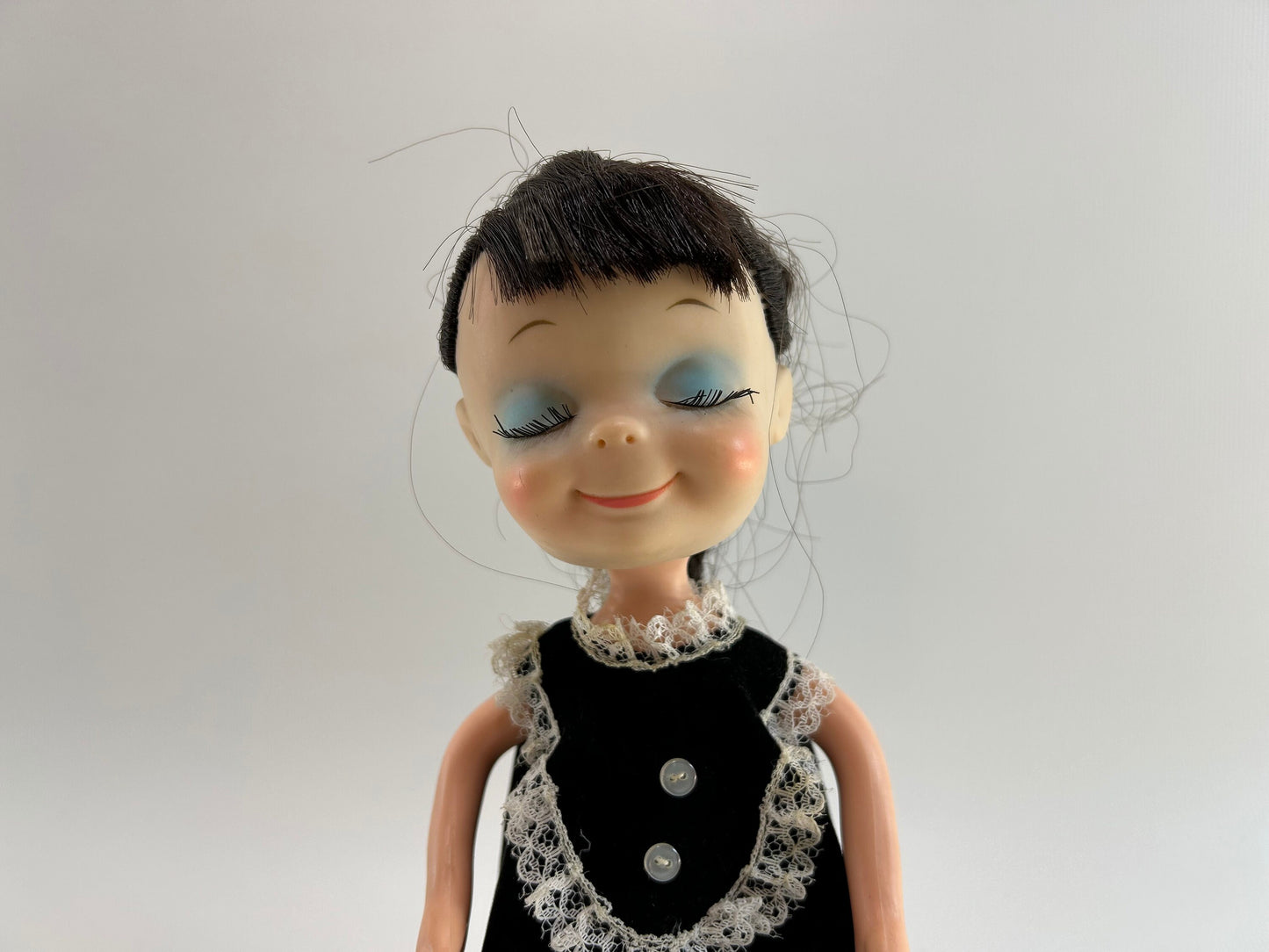 Vintage Doll 1967 Uneeda Doll Co. Inc. Little Sophisticates Kristina Long Brown Hair Black Velevetine Dress Red Shoes 8 1/2" Tall