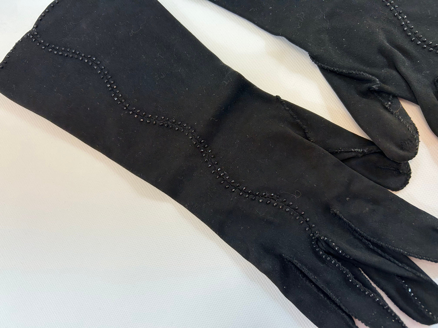 Beaded Black Mid Length Formal Opera Gloves Crescendoe Leather Tailored size 6 1/2