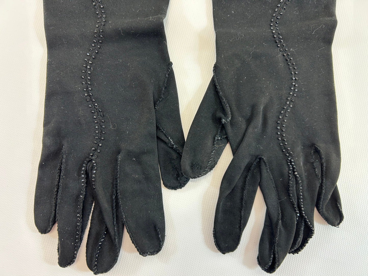 Beaded Black Mid Length Formal Opera Gloves Crescendoe Leather Tailored size 6 1/2