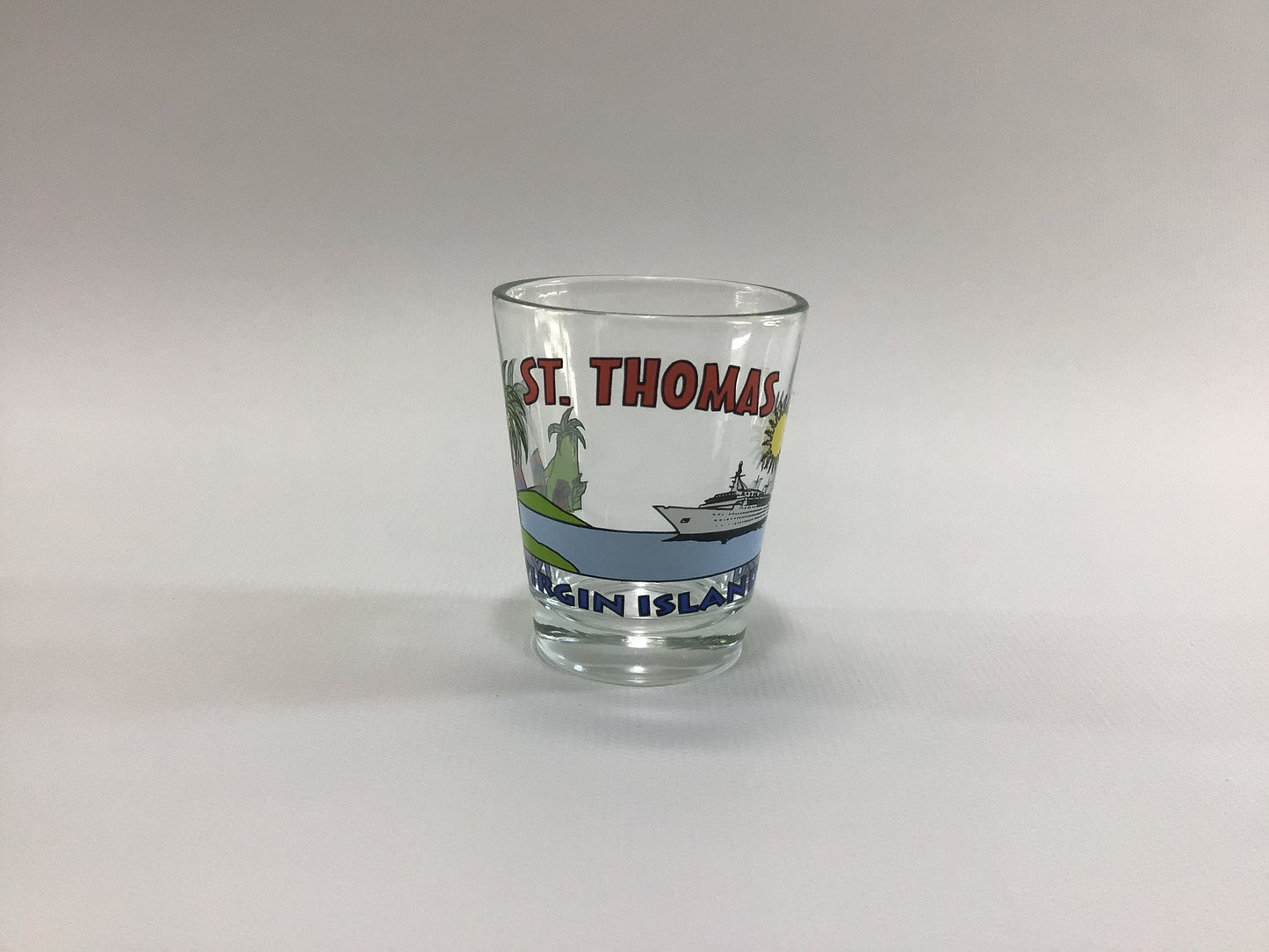 Vintage Shot Glass St Thomas Virgin Islands Souvenir Mid Century Collectible Barware Clear Glass ACL Cruise Ship Motif
