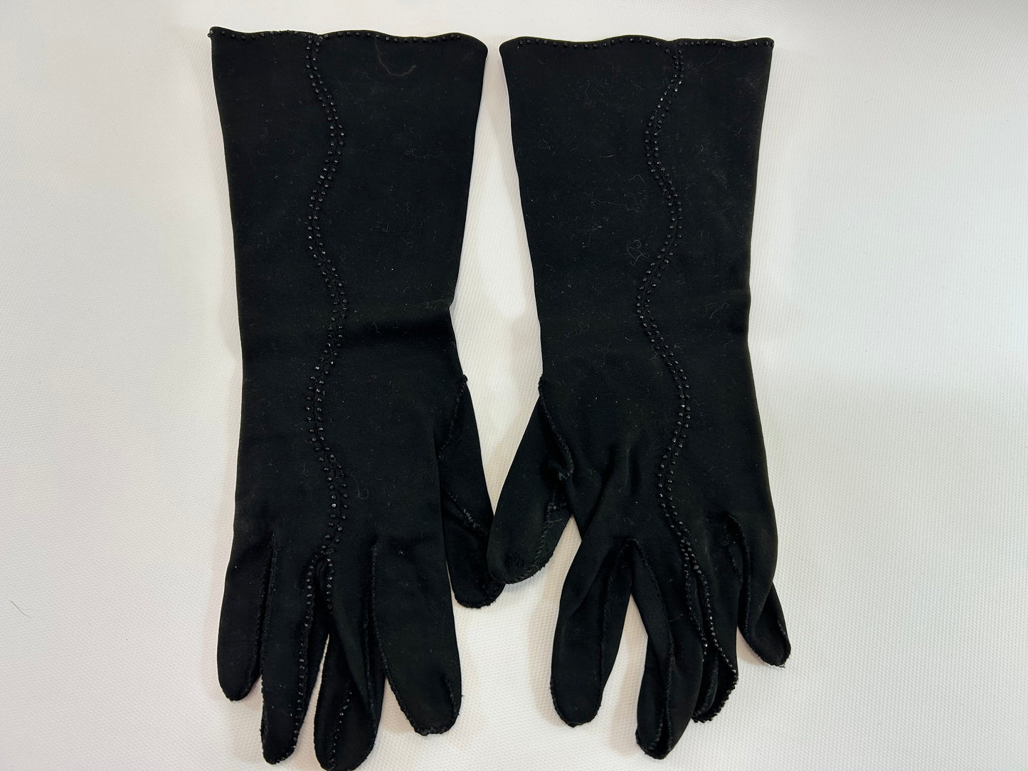 Beaded Black Mid Length Formal Opera Gloves Crescendoe Leather Tailored size 6 1/2